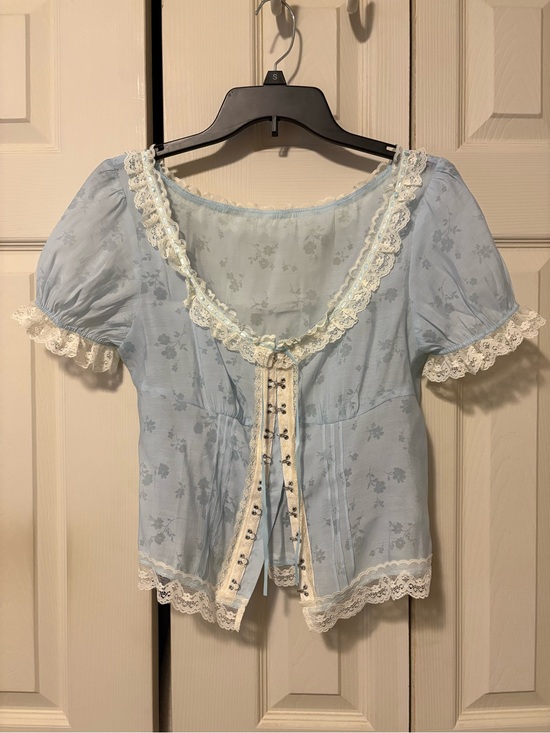 Lacemade Tops - Lacemade- Light Blue Lace-Trim Peasant Blouse - Feminine Puff Sleeve Top
